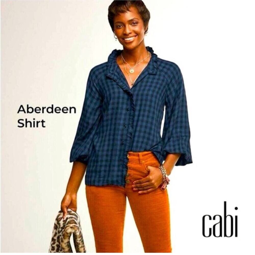 Cabi Aberdeen blue black plaid ruffle trim button‎ down top Extra Small XS #3961
